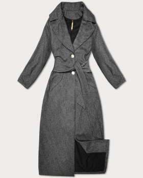 Černý pruhovaný dlouhý dámský kabát s páskem S'West (B8542-1) odstíny černé L (40)