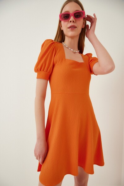 Happiness İstanbul Women's Orange Square Neck Flared Dress