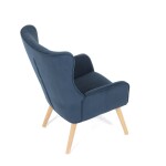 Křeslo, potah modrá manšestrová látka, dřevěné nohy, masiv kaučukovník