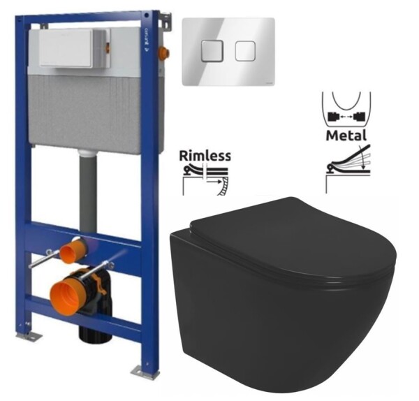 CERSANIT/S - CERSANIT POD. SYSTÉM AQUA 52 PNEU S QF + TLAČÍTKO SQUARE CHROM + WC REA CARLO MINI RIMLESS ČIERNY MAT + SEDADLO S97-062 SQCR MM1