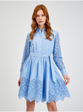 Orsay Modré dámské děrované košilové šaty se zavazováním dámské