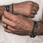 Pánský náramek s kompasem - pravá kůže, chirurgická ocel, Černá 22 cm