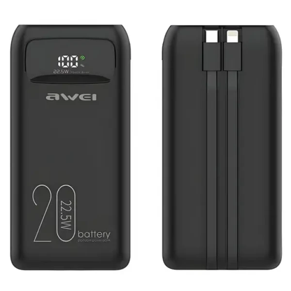 Awei P169K černá / Powerbanka / 20000mAh / 22,5W / LCD displej / USB-C a Lightning kabel (P169K)