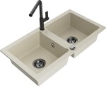 MEXEN/S - Mario granitový dřez 2-bowl včetně baterie Flora, béžová 6504-69-670401-70-B