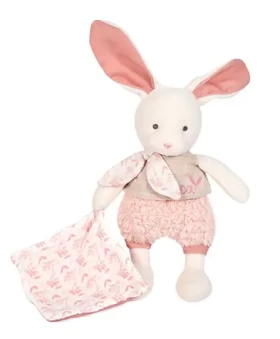 Doudou Dárková sada - Plyšový Ecru králiček s růžovou dečkou z BIO bavlny 22 cm