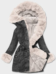 Černo/ecru dámská džínová bunda s kožešinovou podšívkou (B8068-1046) odstíny černé L (40)