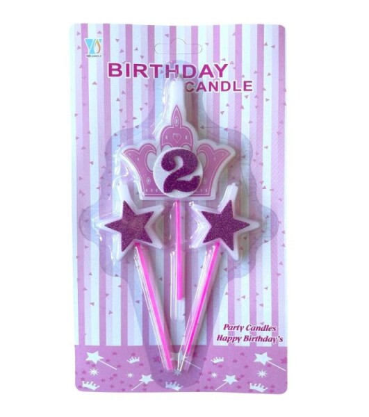 Dortisimo Svíčky koruna růžová s číslem 2 a hvězdičky růžové