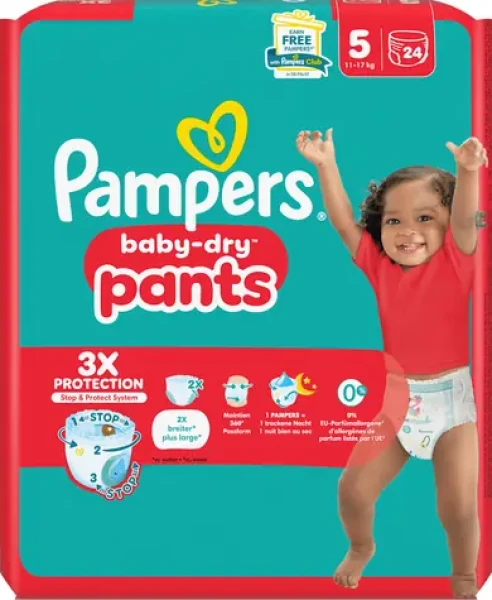 Pampers Baby Dry Pants Junior 11-17 kg (24 ks) / plenkové kalhotky / velikost 5 (11-17 kg) (8700216670500)