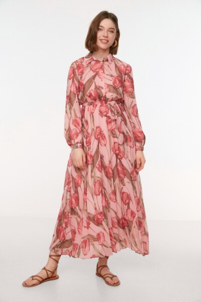 Trendyol růžový květinový vzor košilový límec páskem lemovaný šifón tkané šaty