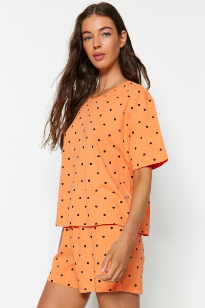 Trendyol oranžovo-multibarevné 100% bavlněné tričko motivem srdce kraťasy pletená sada pyžama
