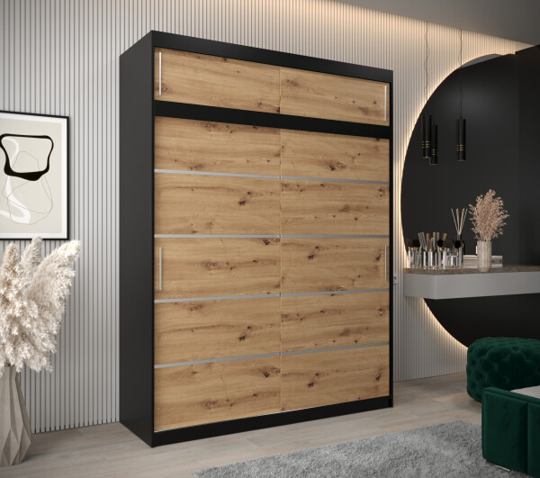 Šatní skříň Abi V1 s nástavcem Barva korpusu: Černá, Rozměry: 180 cm, Dveře: Dub artisan