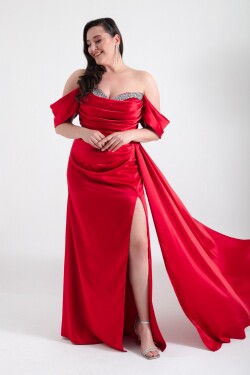 Lafaba Women's Red Boat Neck Slit Long Plus Size Satin Evening Dress