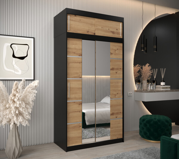 Šatní skříň Abi V4 s nástavcem Barva korpusu: Černá, Rozměry: 120 cm, Dveře: Dub artisan