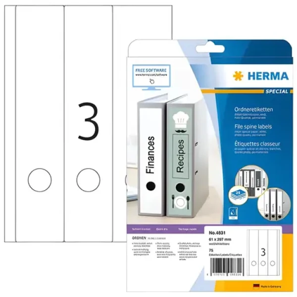 Herma Etikety na hřbety pořadačů bílá / Etikety / Inkjet / 61x297 mm / 75 ks (4831)
