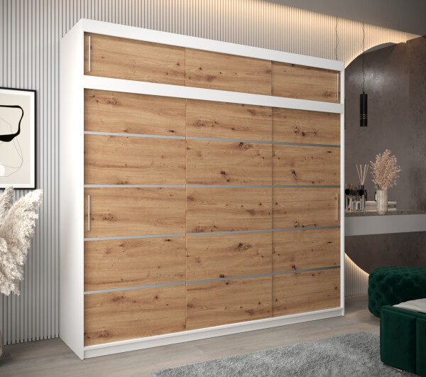 Šatní skříň Abi V1 s nástavcem Barva korpusu: Bílá, Rozměry: 250 cm, Dveře: Dub artisan