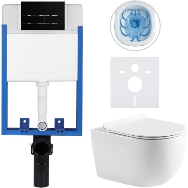 CERANO - Kompletní WC set Profi/Felci - bílá lesklá - WC tlačítko Line/Černá lesklá - pro zazdění - 52,5x36 CER-8050BD84324