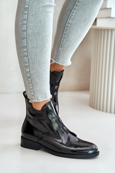 Lakované Kotníkové Boty Na Zip Zateplené Plochý Podpatek S.Barski Černé Velikost: 36