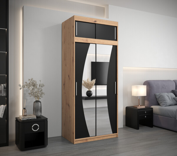Šatní skříň Abi W0 s nástavcem Barva korpusu: Dub artisan, Rozměry: 100 cm, Dveře: Černá