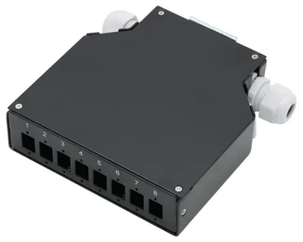 XtendLan mini rozvaděč DIN lišta černý / Rozvaděč / optický / 8x SC Simplex / 4 vstupní otvory / krytka (ORSDIN-408-SCSB)