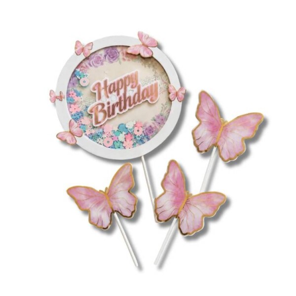 Dortisimo Zápich do dortu růžový Happy Birthday s motýlky (4 ks)
