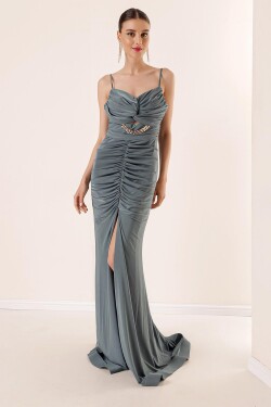 By Saygı Rope Straps with a slit in the front and Draped Crystal Fabric Long Dress with Chain Detail.