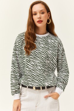 Olalook Women's Zebra Green Basic Soft Textured Loose Sweatshirt