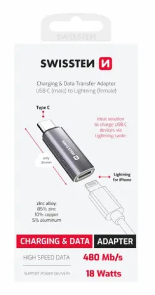SWISSTEN TEXTILE OTG adaptér USB-C (M) - Lightning (F) stříbrná (73501219)