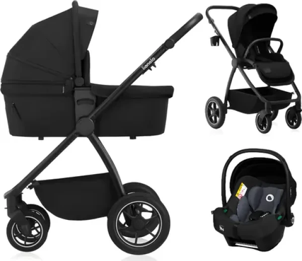 LIONELO Kočárek Meril 3v1 Black Onyx / Hluboký, sportovní kočárek a autosedačka / Terénní PU kola / Hliníkový rám (LO-MERIL 3IN1 BLACK ONYX)