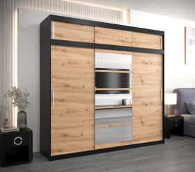 Šatní skříň Abi Ro1 s nástavcem Barva korpusu: Černá, Rozměry: 250 cm, Dveře: Dub artisan
