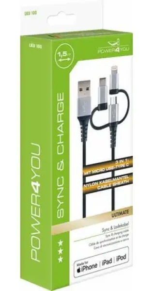 Schwaiger 3-in-1 černo-stříbrná / Nabíjecí kabel / USB-A na Micro-USB, Lightning, USB-C / 1,5 m / 3 A (LKU100533)