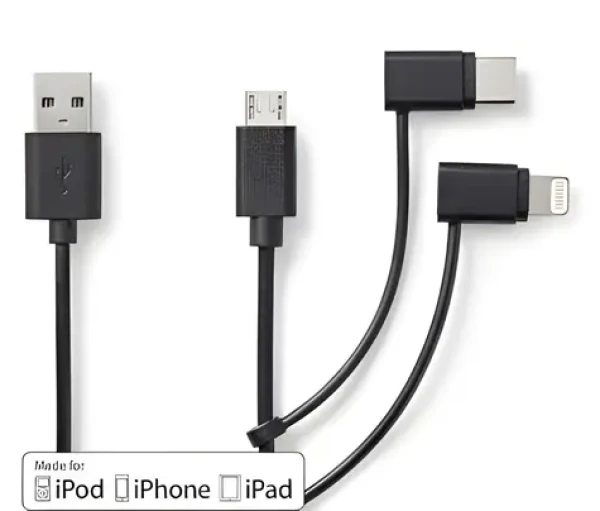 Nedis USB-A kabel 3v1 černá / Datový kabel / Lightning, Micro-B, USB-C / 480 Mbps / 1 m (CCGL60620BK10)