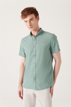 Avva Men's Green Buttoned Collar 100% Cotton Thin Short Sleeve Standard Fit Regular Fit Shirt