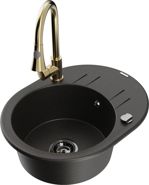 MEXEN/S - Kevin granitový dřez 1 s odkapávačem včetně baterie Elia, černá/zlatá metalik 6517-75-670101-50-B