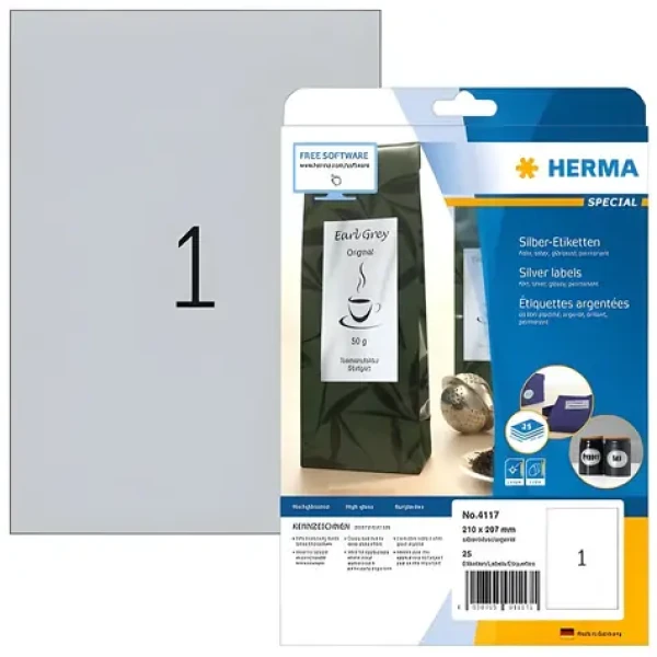 Herma etikety A4 stříbrné / lesklá polyesterová fólie / laser / voduodolné / 25 ks (4117)