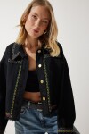 Happiness İstanbul Women's Black Embroidered Tasseled Oversize Denim Jacket