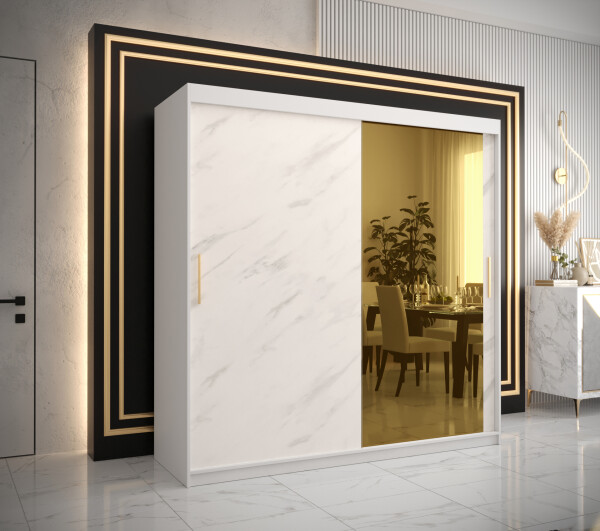Šatní skříň Abi Golden T2 Barva korpusu: Bílá, Rozměry: 200 cm, Dveře: Bílý mramor se zlatým zrcadlem