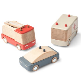 LIEWOOD Dřevěná hračka Zásahová vozidla - set 3 ks, červená barva, modrá barva, šedá barva, přírodní barva, dřevo