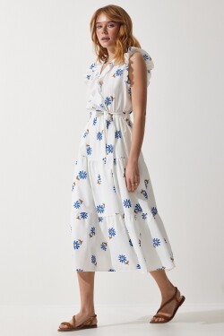 Happiness İstanbul Women's White Floral Belted Ruffle Detail Summer Dress
