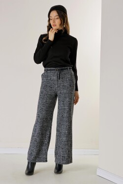 By Saygı Broken Glass Patterned Palazzo Trousers with Elastic Waist Belt and Side Pockets