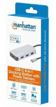 Manhattan USB-C 8v1 dokovací stanice stříbrná / Dokovací stanice / HDMI 4K / RJ45 / 3x USB-A / PD 100W (130615)
