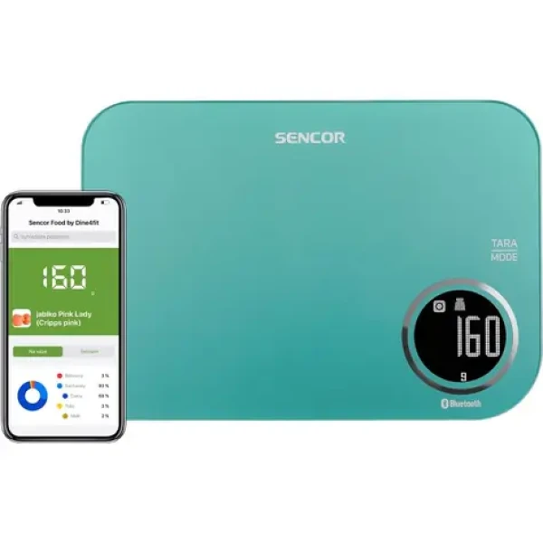 SENCOR SKS 7071GR tyrkysová / chytrá kuchyňská váha / max. 5kg / funkce TARA / Bluetooth (8590669263158)