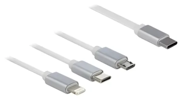 Delock 3v1 bílá / Nabíjecí kabel / USB-C - Lightning/Micro USB / Smotávací / 0,98 m (85844)