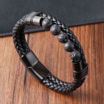 Pánský náramek Celso - 8 mm lávový kámen, ocel, kůže, Černá 21 cm