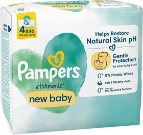 Pampers Harmonie New Baby Plastic Free Vlhčené ubrousky 184 ks (4 x 46 ks) (8006540815762)