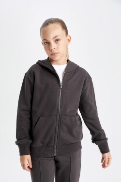 DEFACTO Girls Basic Hooded Zippered School Cardigan