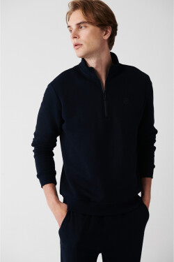 Avva Navy Blue Unisex Sweatshirt High Neck Zippered Inner Fleece Thread Regular Fit