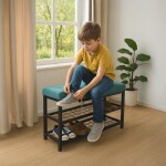 Botník 2 police, potah zelená látka, kov - černý matný lak