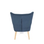 Křeslo, potah modrá manšestrová látka, dřevěné nohy, masiv kaučukovník