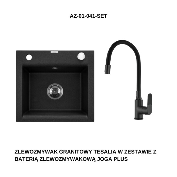 INVENA Granitový dřez TESALIA, černý automatickým sifonem, chrom baterie JOGA PLUS AZ-01-041-SET