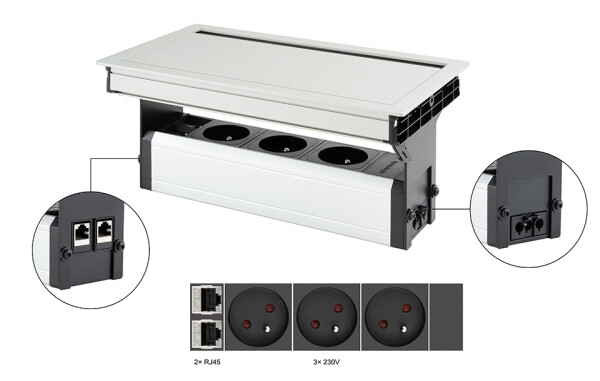 Versalogic VersaFlap Mono 2.0 elektrická zásuvka 3x 230V, FR, RJ45, eloxovaný hliník (497043)